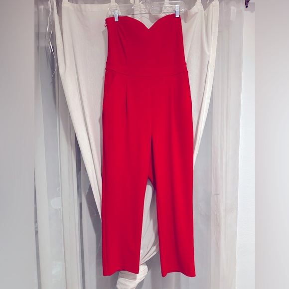 Express Pants - Express Strapless Red Straight-Leg Jumpsuit